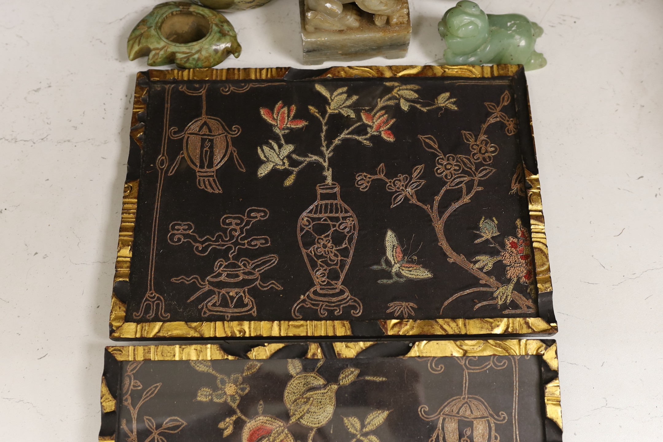 A selection of miscellaneous items, to include Chinese pewter and bronze vessels, two embroidered panels, a carving set, etc.